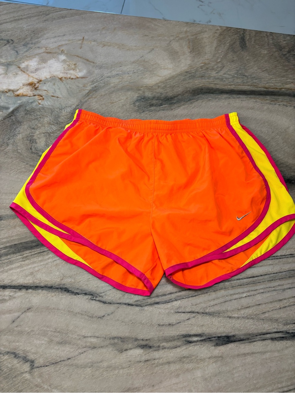 Nike Women's Bright Orange Running Shorts with Pink & Yellow Sz L